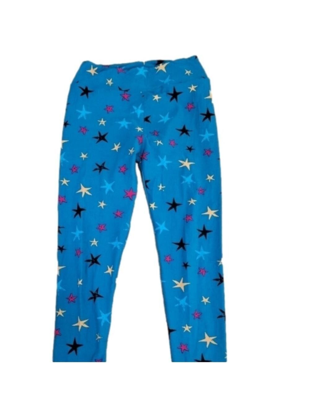LuLaRoe☆ Turquoise OS Legging Black Yellow Blue Pink Star Poly/Spandex Print EUC